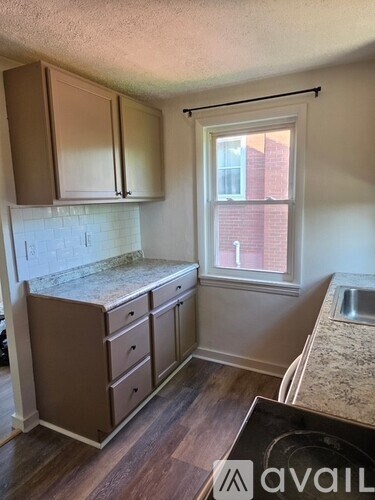 A kitchen with wooden cabinets and a window.