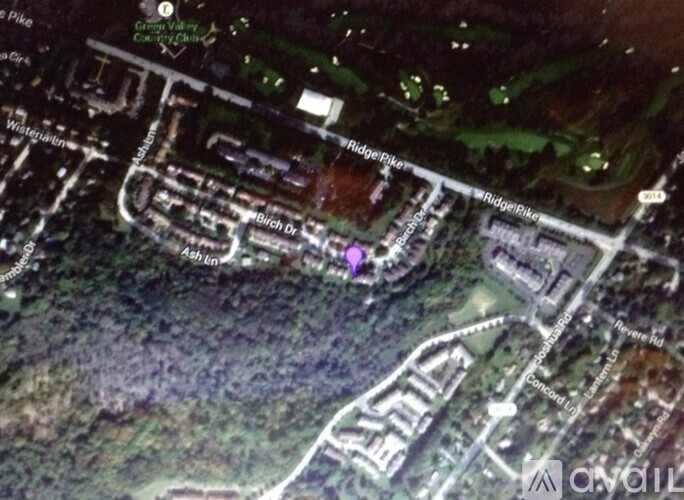 A satellite image shows a purple highlighted area in the middle of a road surrounded by trees and buildings.