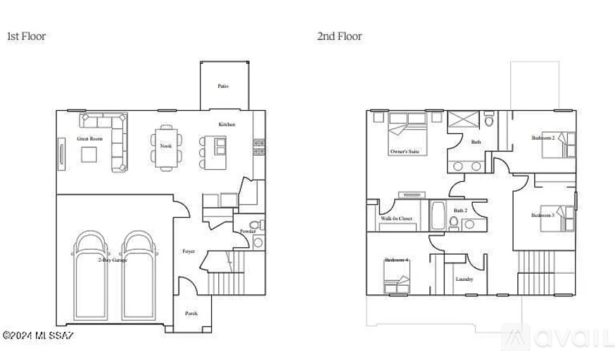 A floor plan of a two-story building with labeled rooms.