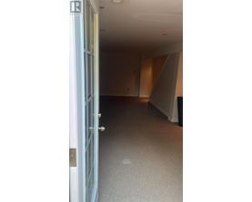 A room with a white door and carpeted floor.