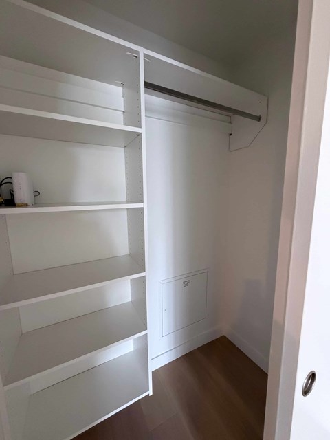 A white shelving unit with a door and a small white object on the top shelf.