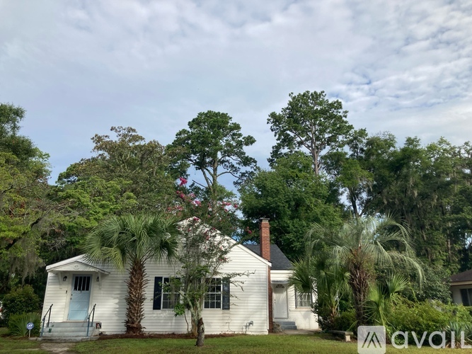 A white house with a blue door and a palm tree in front.