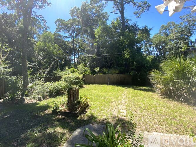 A backyard with a fence, trees, and a grassy area.