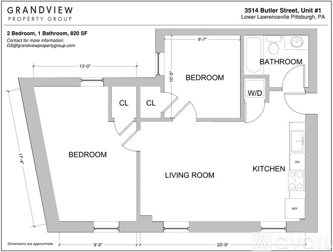 A floor plan for a property by Grandview Property Group shows a two bedroom, one bathroom apartment.