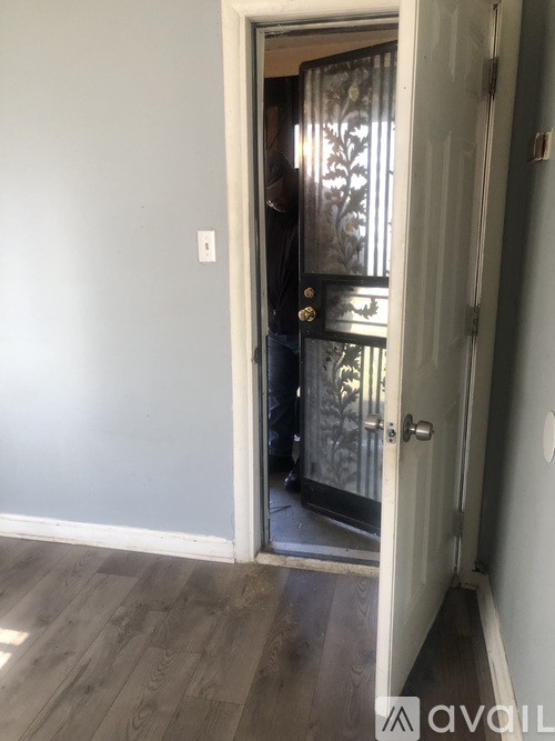 A doorway with a black door and a light switch on the wall.