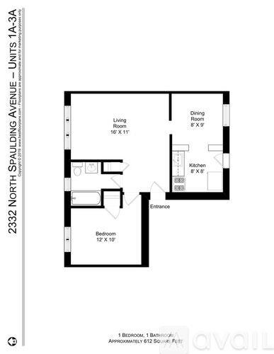 A floor plan of a one bedroom apartment at 2332 North Spalding Avenue.