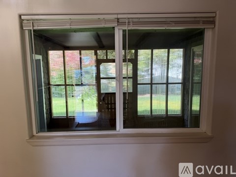 A window with a view of a green lawn and trees.