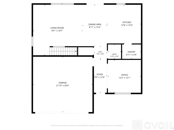 A floor plan of a house with a living room, dining area, kitchen, pantry, bathroom, foyer, office, and garage.