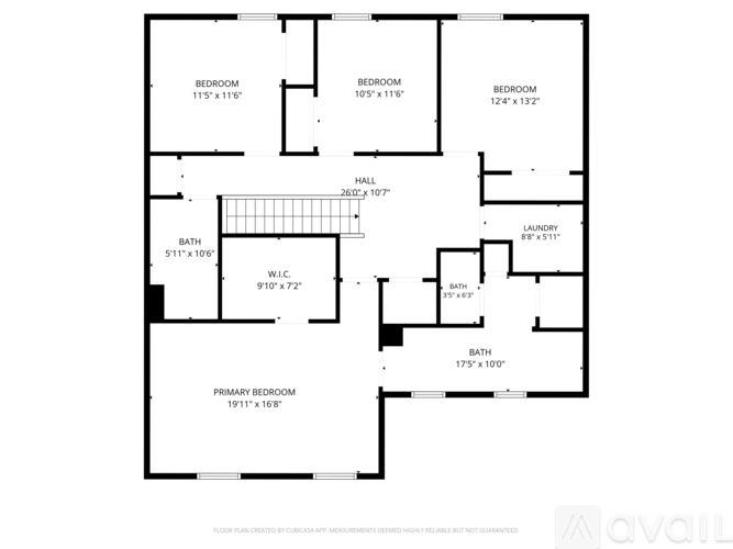 A floor plan of a house with a primary bedroom, three other bedrooms, a bath, a hall, and a laundry room.