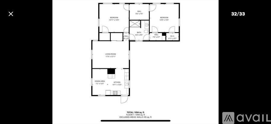 A floor plan of an apartment with a total area of 184 square meters.