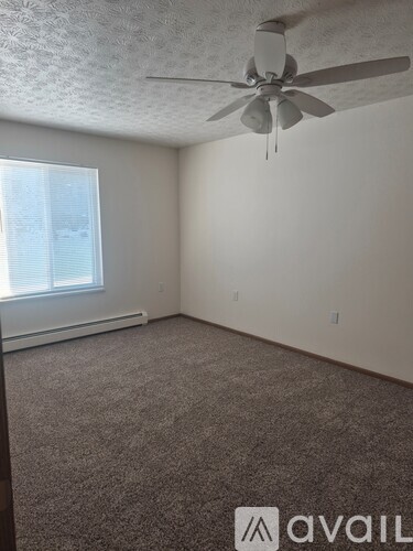 A room with a ceiling fan and carpeted floor.