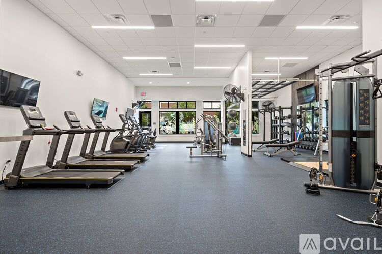 A gym with treadmills, weights, and exercise machines.