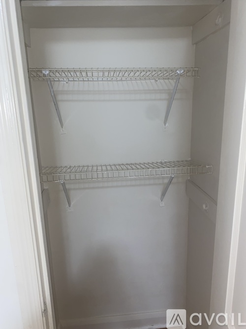 Empty white shelves in a white pantry.
