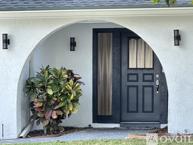 A black door with a grey curtain is on a white house.