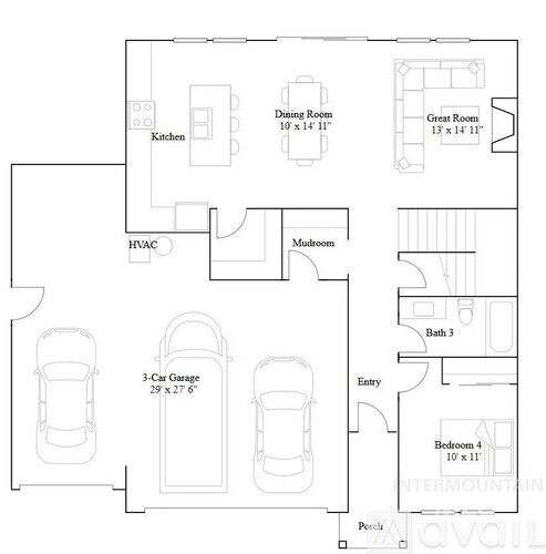 A floor plan of a house with a kitchen, dining room, great room, mudroom, HVAC, 3-car garage, entry, bath 3, and bedroom 4.