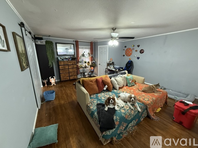 A living room with a couch, a dog, and a fan.