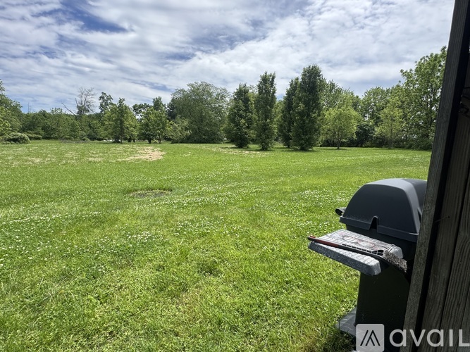 A grassy field with trees in the distance and a trash can in the foreground.
