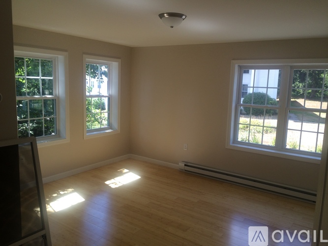 A room with wooden floors and two windows.