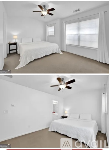 A bedroom with a bed, a ceiling fan, and a window with white curtains.
