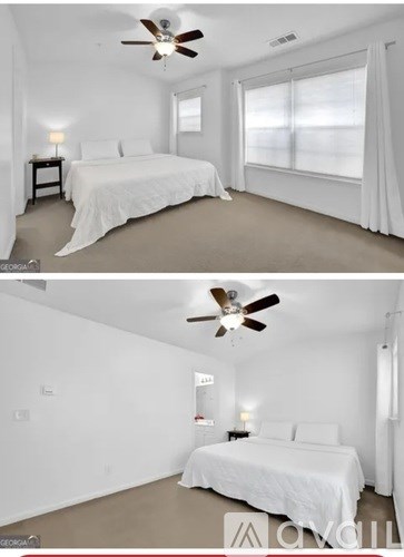 A bedroom with a bed, a ceiling fan, and a window with white curtains.