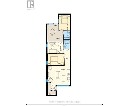 A floor plan of an apartment with a living room, dining room, kitchen, and bathroom.