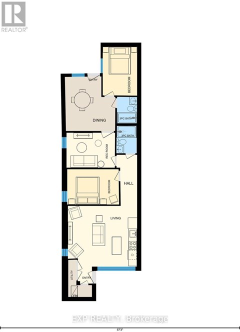 A floor plan of an apartment with a living room, dining room, kitchen, and bathroom.