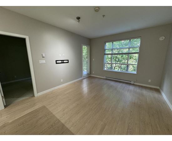 A room with wooden flooring and a window with a view of trees.
