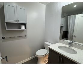 A white toilet sits next to a sink in a bathroom.