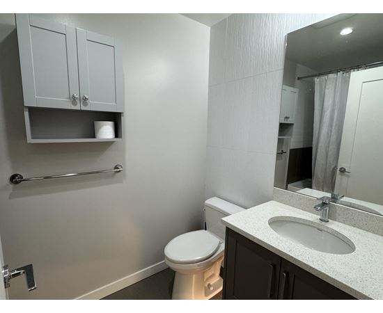 A white toilet sits next to a sink in a bathroom.