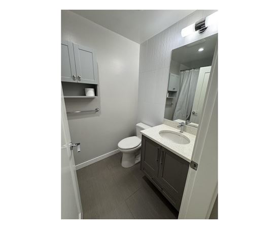 A bathroom with a toilet, sink, and mirror.