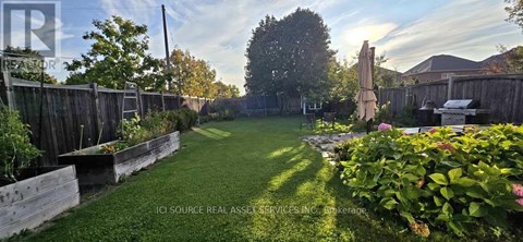 A backyard with a wooden fence and a green lawn.