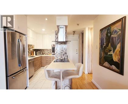 A modern kitchen with a white table and chairs.