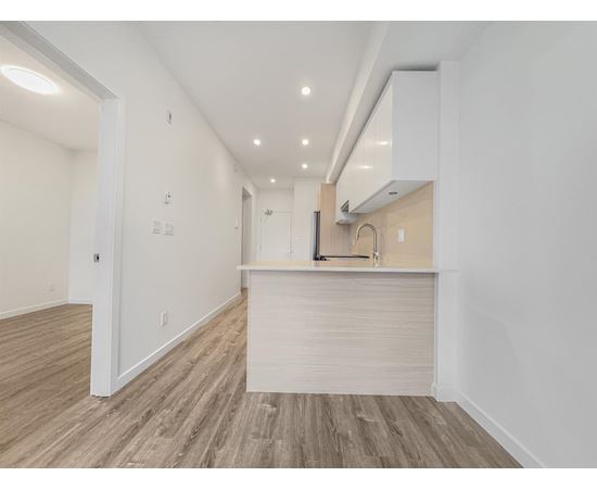 A kitchen area with a counter and cabinets.