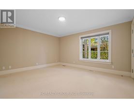 A room with a window showing trees and a wall with a logo that says REALTOR.