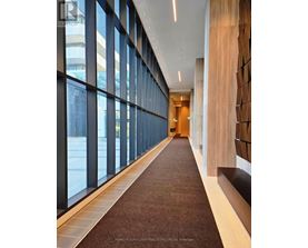 A long hallway with a carpeted floor and a wall of windows on one side.