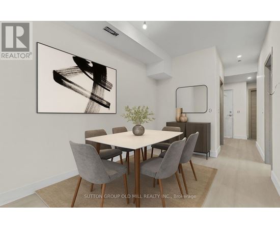 A dining room with a table set for four.