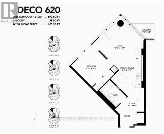 A black and white image of a floor plan for a one bedroom, study, and balcony apartment.