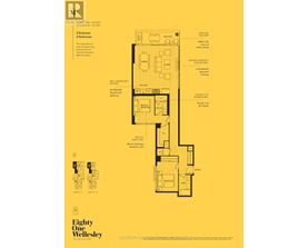 A floor plan for a two bedroom apartment is displayed on a yellow background.