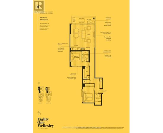 A floor plan for a two bedroom apartment is displayed on a yellow background.