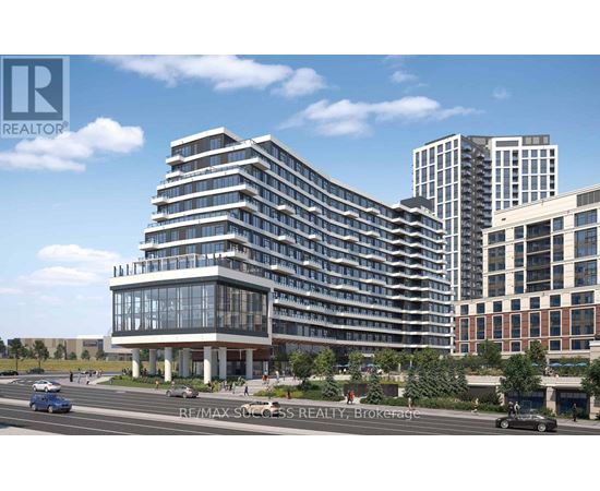 A modern multi-story building with a glass facade is the focal point of the image.