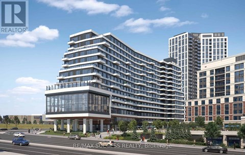 A modern multi-story building with a glass facade is the focal point of the image.