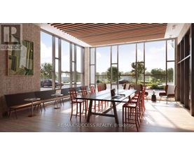 A modern dining room with a large table and chairs.