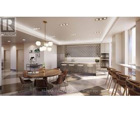 A modern dining room with a wooden table and chairs.