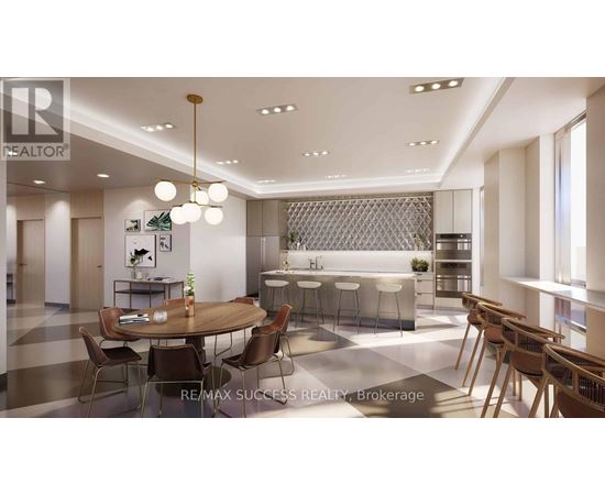A modern dining room with a wooden table and chairs.