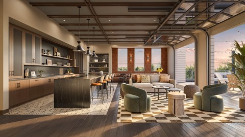 A modern kitchen and living room with a large window overlooking the outdoors.