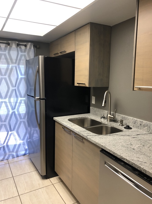 A kitchen with a black refrigerator and a granite countertop.