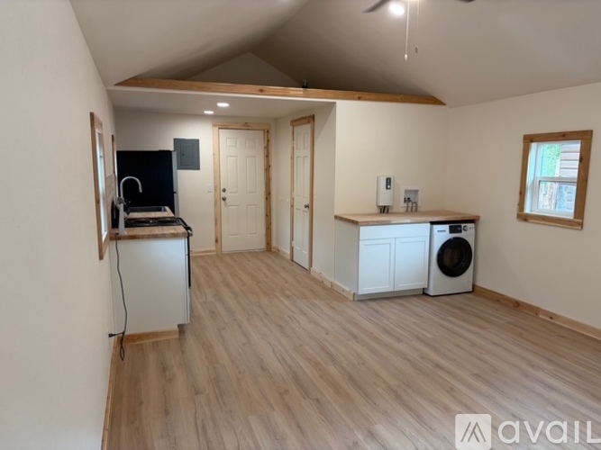 A room with wooden flooring and a washing machine on the counter.