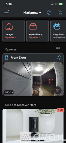 A smart home security system interface showing the front door camera feed.