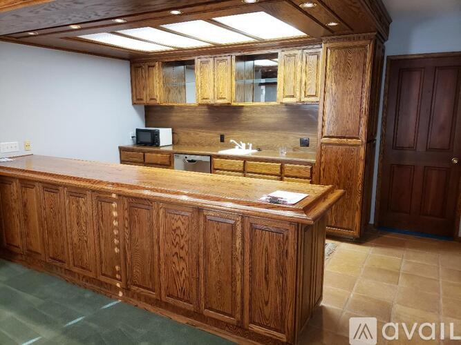 A kitchen with wooden cabinets and a countertop.