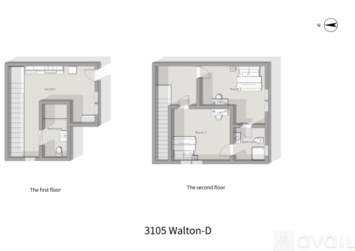 A floor plan for a 3105 Walton-D apartment is shown with the first and second floors.